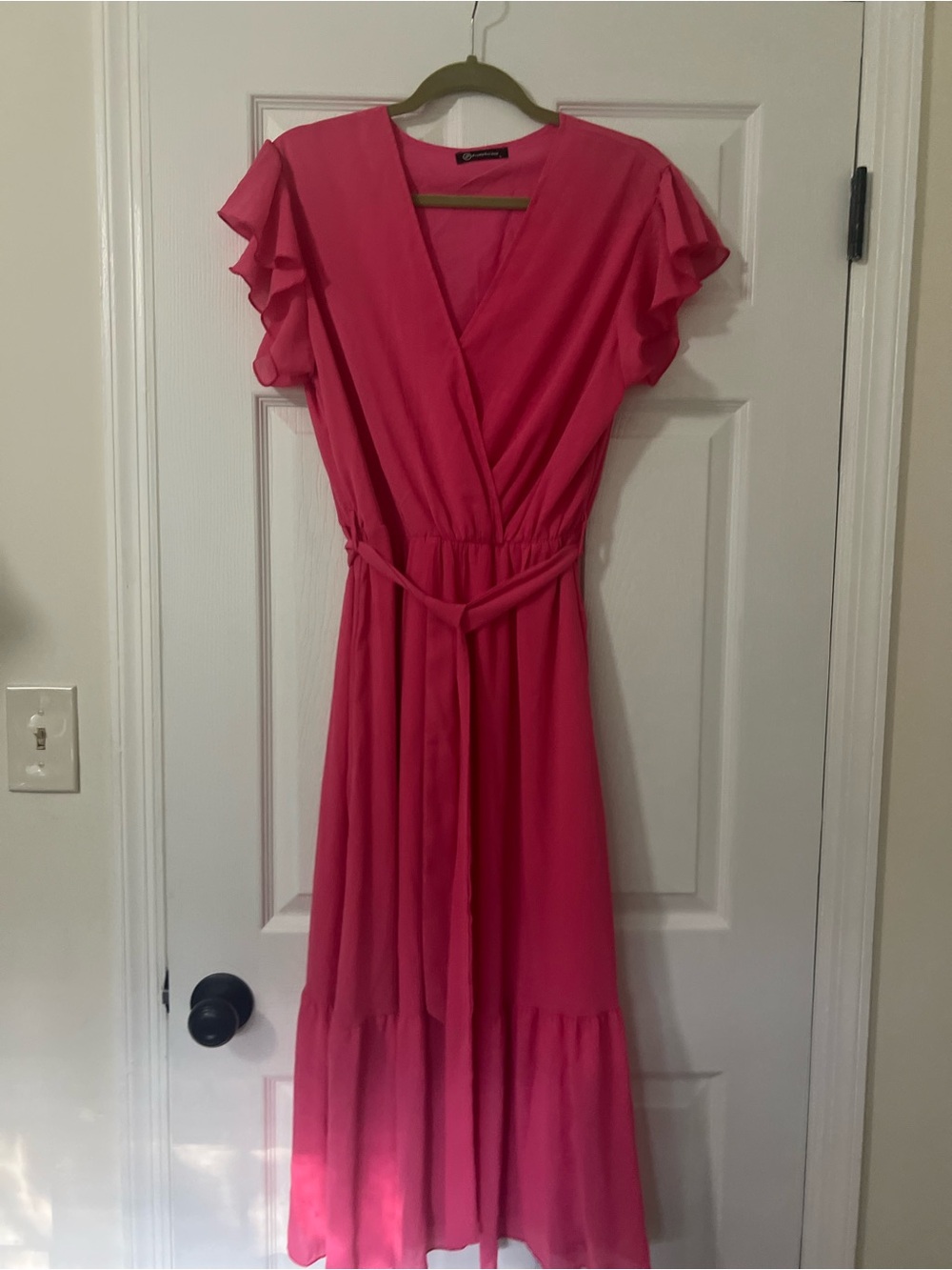 PrettyGarden Women’s L Pink Solid Wrap Maxi Dress Chiffon V-Neck Belted